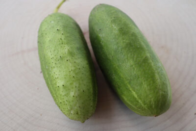 Kilis Two Kilis cucumbers are photographed on a wood slice.