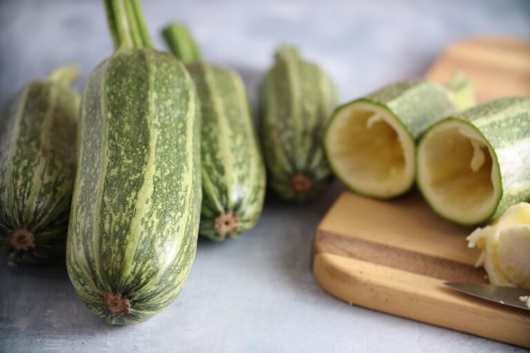 Summer Squash Seeds, Kars Yemeklik Four whole and one carved Kars Yemeklik summer squash fruits photographed on backdrop and cutting board.