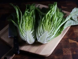 Les Oreilles du Diable1 Halved Devil's Ear romaine lettuce on cutting board