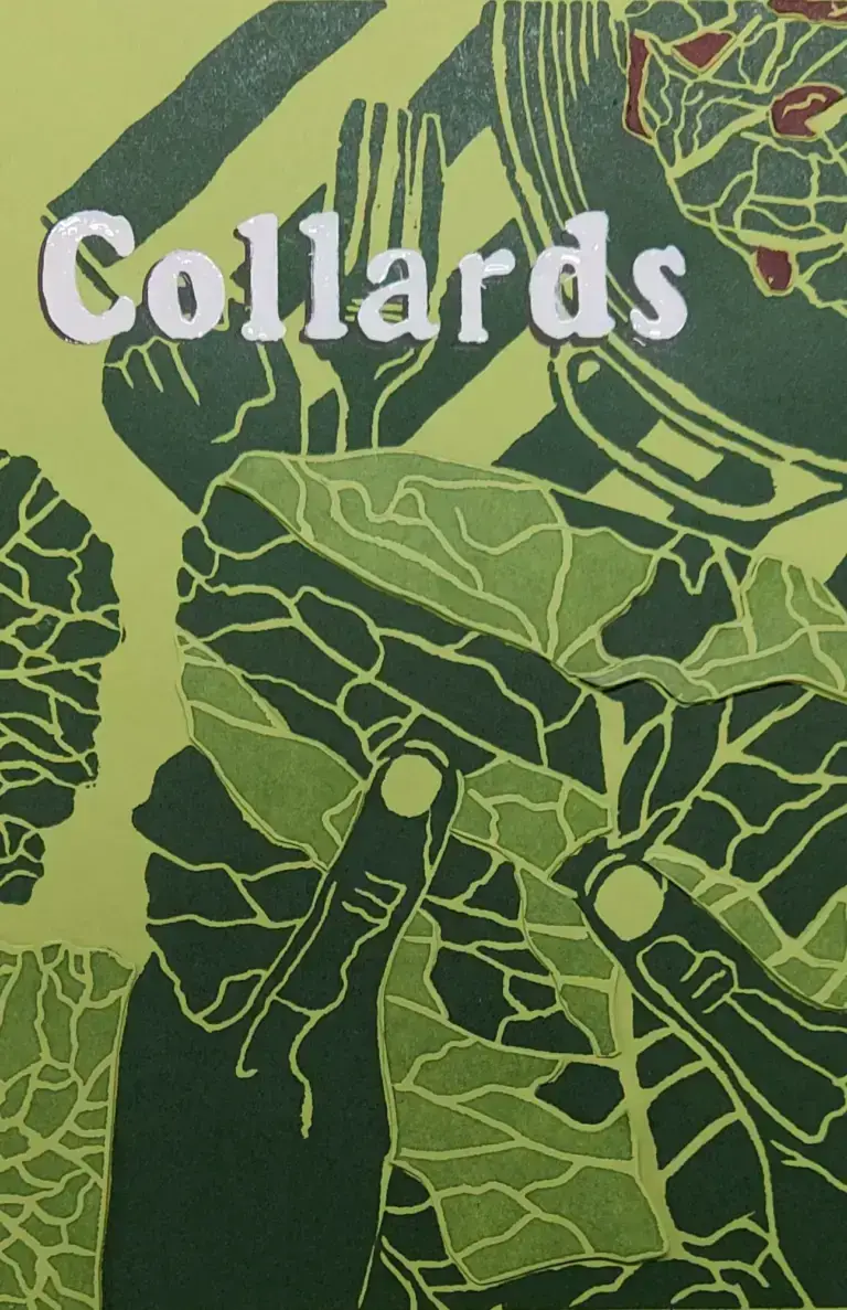 Crop Stories: Collards front cover illustration with collard greens leaves