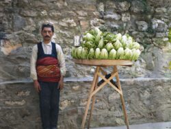 Lettuce seller photographed in Istanbul streets with his Yedikule romaine lettuce stand. Circa early 1900's.