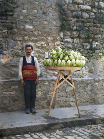 Yedikule 5701-2 Lettuce seller photographed in Istanbul streets with his Yedikule romaine lettuce stand. Circa early 1900's.