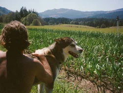 Garlic, farmer Sasha Moghadam and Mooshi the dog pictured on the Husum, WA, farm