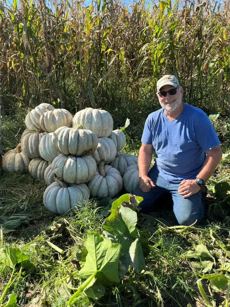Man with stacked Adapazari white pumpkins outdoors